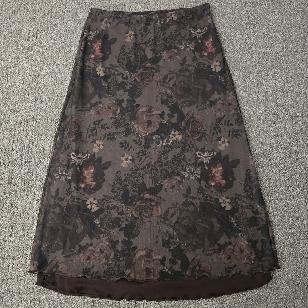 Dark Floral Mesh Midi Skirt Brown Sheer Goth Whimsygrunge‎ Fairycore M